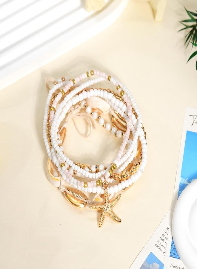 mintolex 7 Pack Boho Beaded Shell Anklet Bracelets for Women Colorful Stretch Cowrie Seashell Starfish Ankle Bracelet Stack Adjustable Summer Beach Accessories Cute Hawaiian Jewelry, White - Image 4